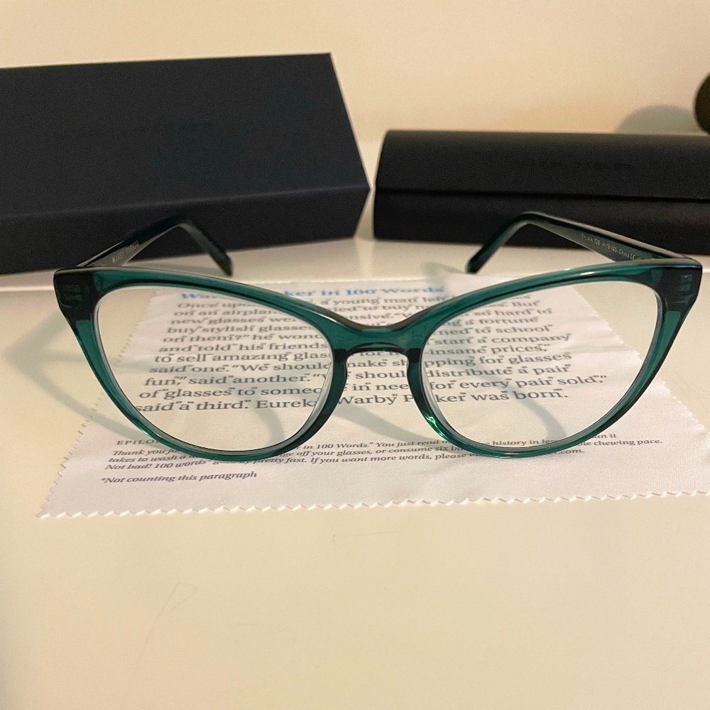 Warby Parker Shea Eyeglasses, peacock green with blue light filter lenses